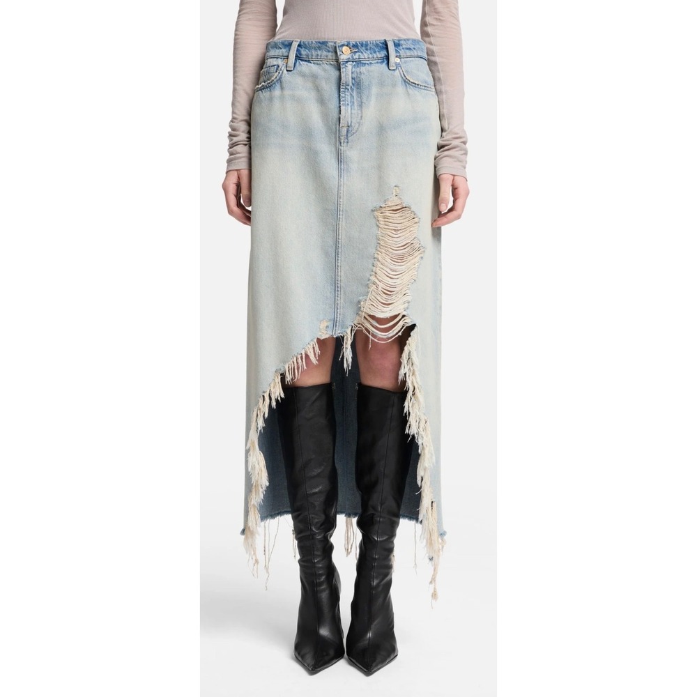 7 For All Mankind Mid‎ Skirt Peaches Distressed Denim Maxi Light Wash 0 24 NEW